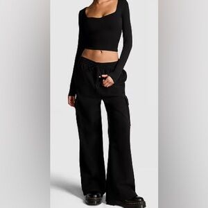 PINK Women's Black Wide-Leg Micro-fleece Cargo Pants